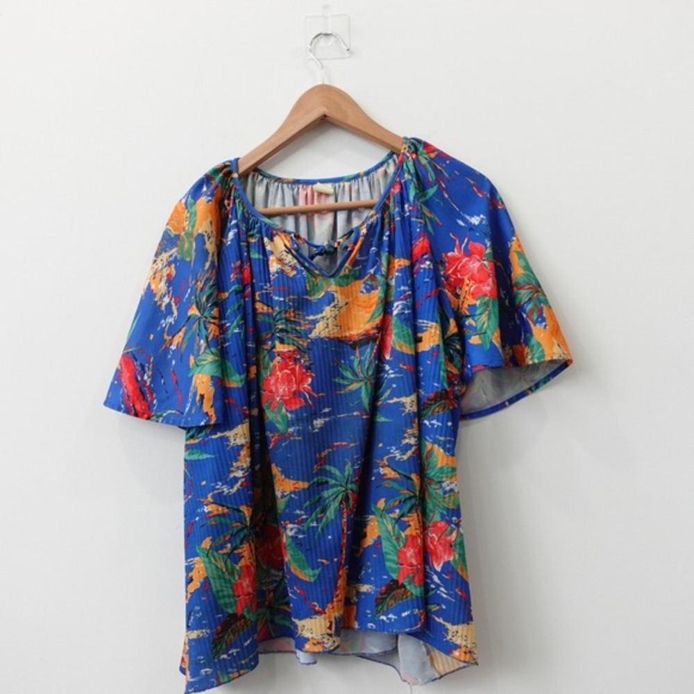 Womens‎ Hawaiian Top XL Blue Floral Tropical Peasant Blouse Boho Oversized